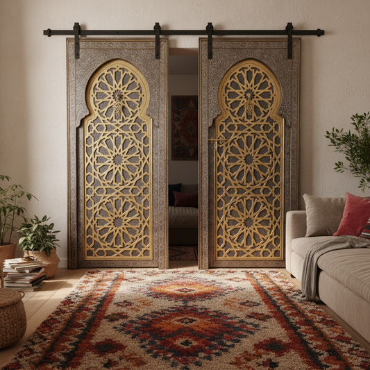Decorative Moroccan brass sliding doors with intricate patterns in a living room setting.