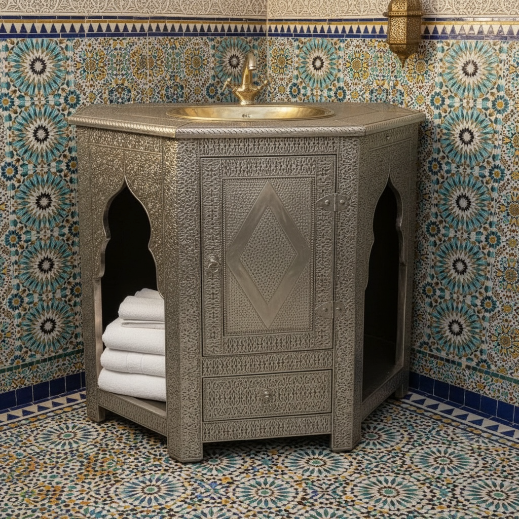 Decorative bathroom vanity with intricate patterns against a colorful tiled wall.