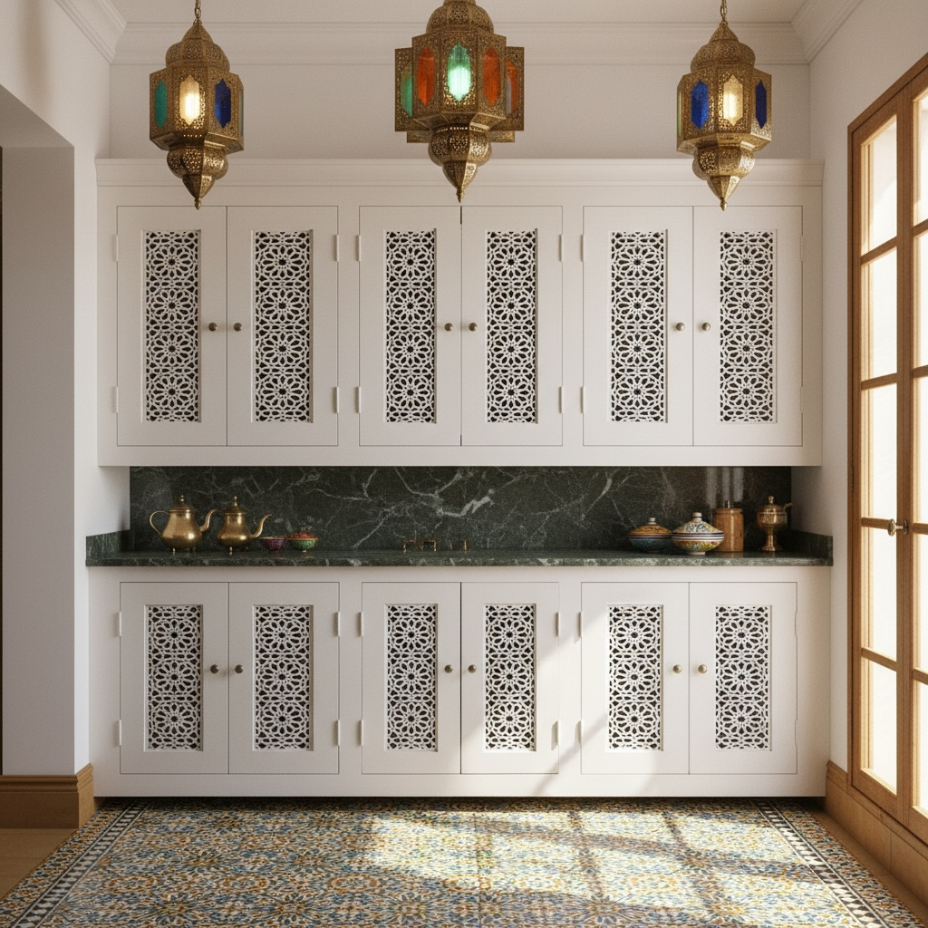 Moroccan Kitchen with white cabinets featuring decorative cut-out patterns, black marble countertop, and hanging lantern lights.