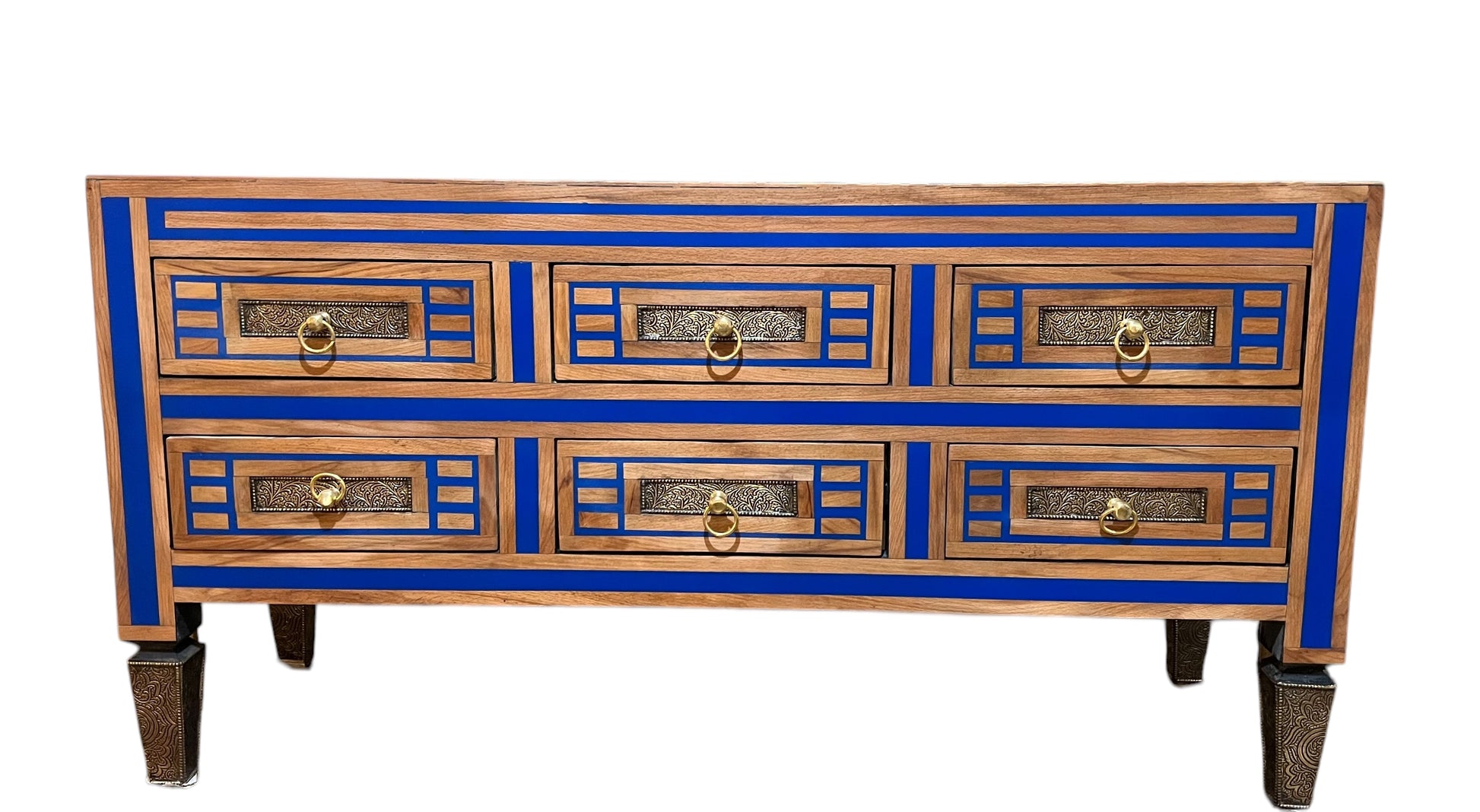 A Moroccan cabinet with blue and brown colors, featuring inlaid wood and resin design, with drawers and door panels.