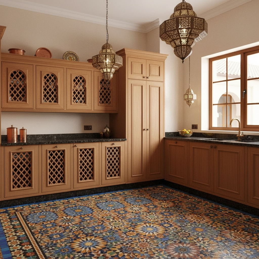 Moroccan Kitchen with wooden cabinets, decorative floor tiles, and hanging lights.