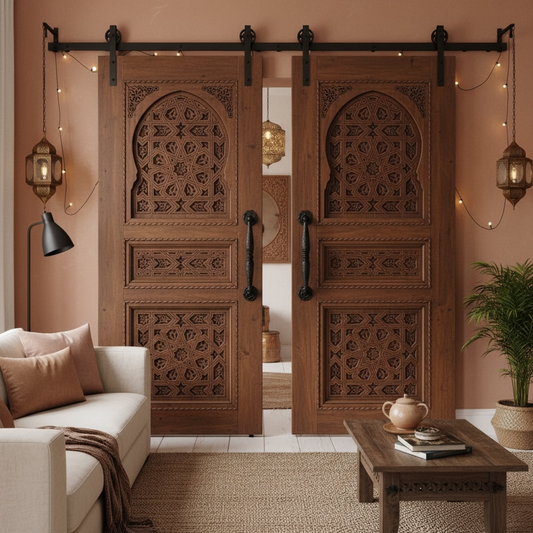 Decorative Moroccan wooden sliding doors in a living room setting with a couch and coffee table.