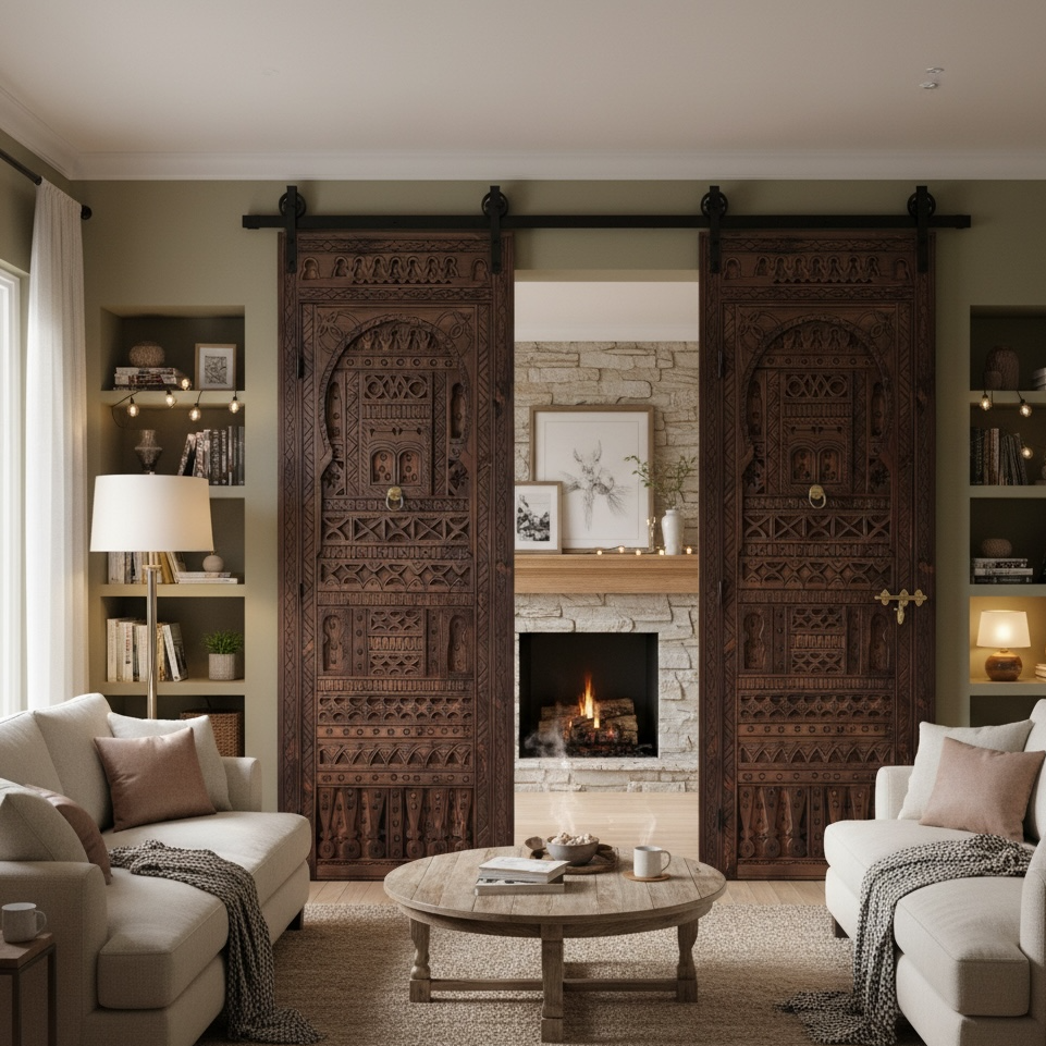 Living room with decorative wooden African sliding doors, white sofas, and a fireplace.