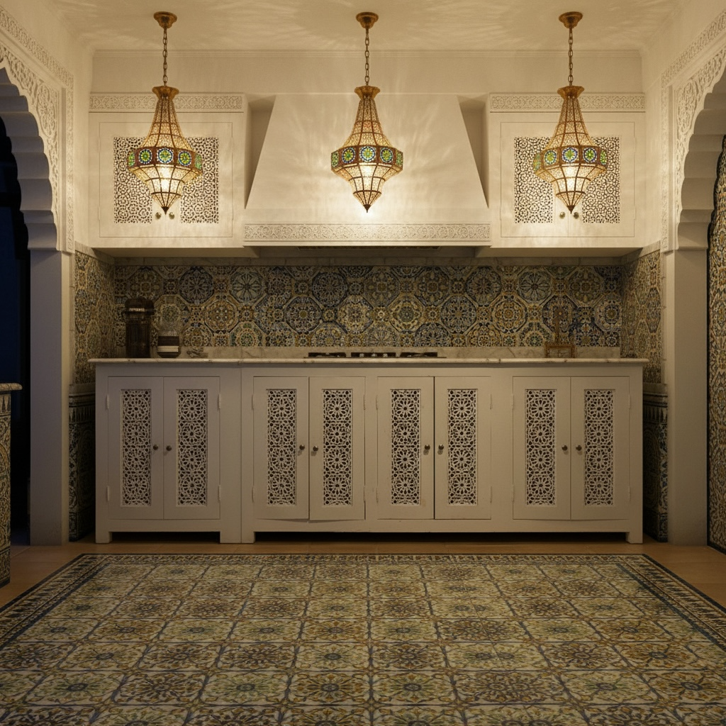 Decorative Moroccan kitchen with ornate cabinets, tiled walls, and hanging lights.