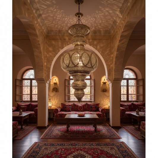 Ornate large silver metal Moroccan chandelier hanging in a luxurious room with arched windows and patterned rugs.