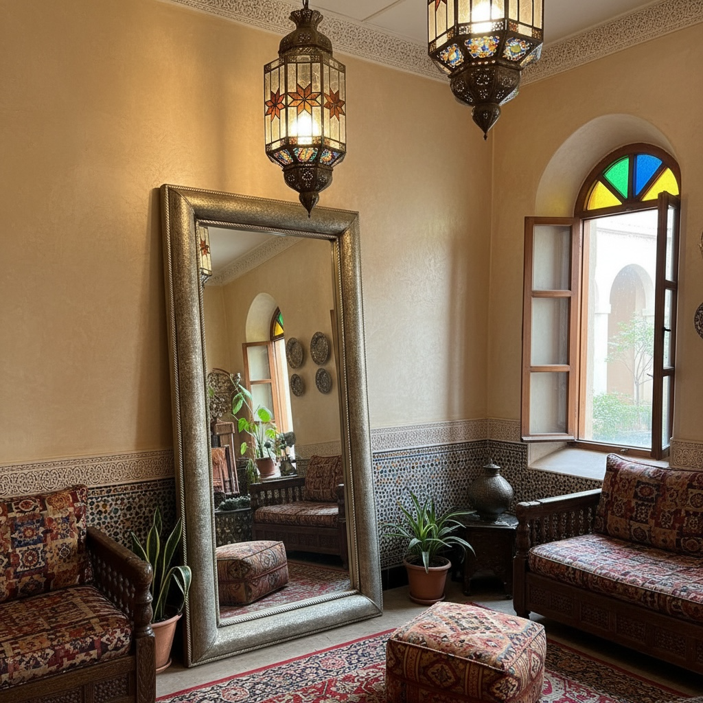 Decorative interior with a large Moroccan mirror, colorful lampshades, and patterned furniture.