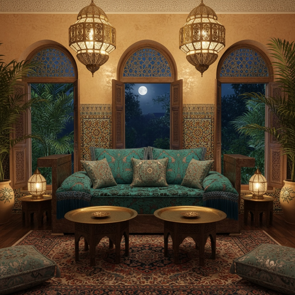 Decorative interior with a blue Moroccan sofa, ornate lamps, and a night view through arched windows.