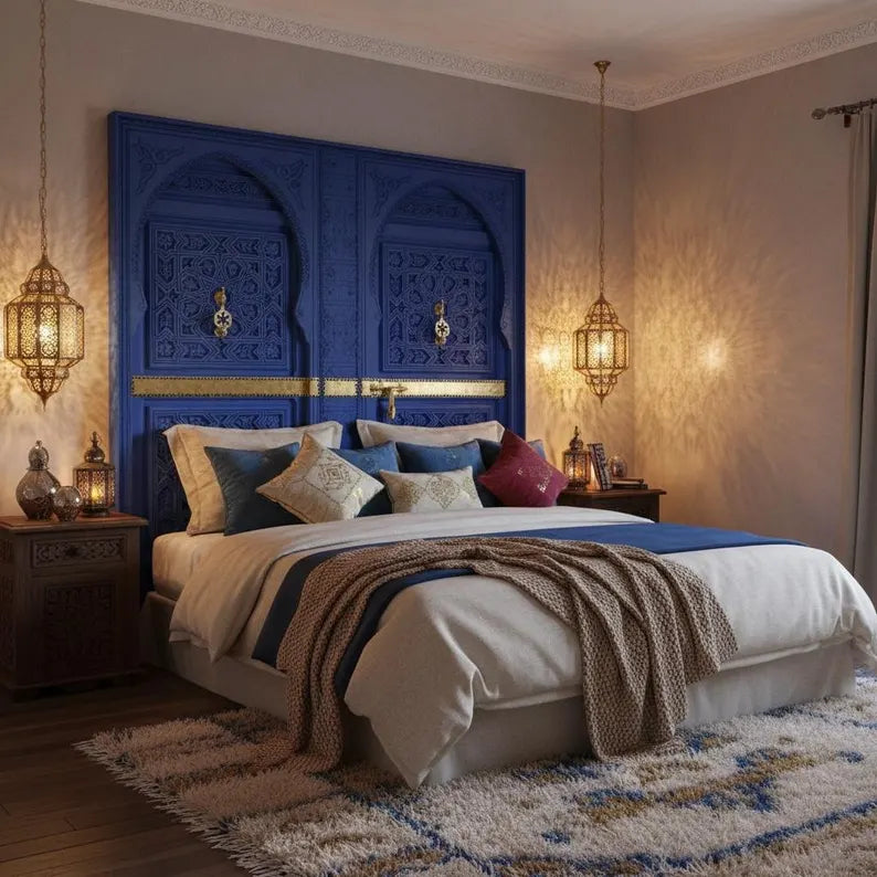 Decorative bedroom with a brown moorish and ornate details.
