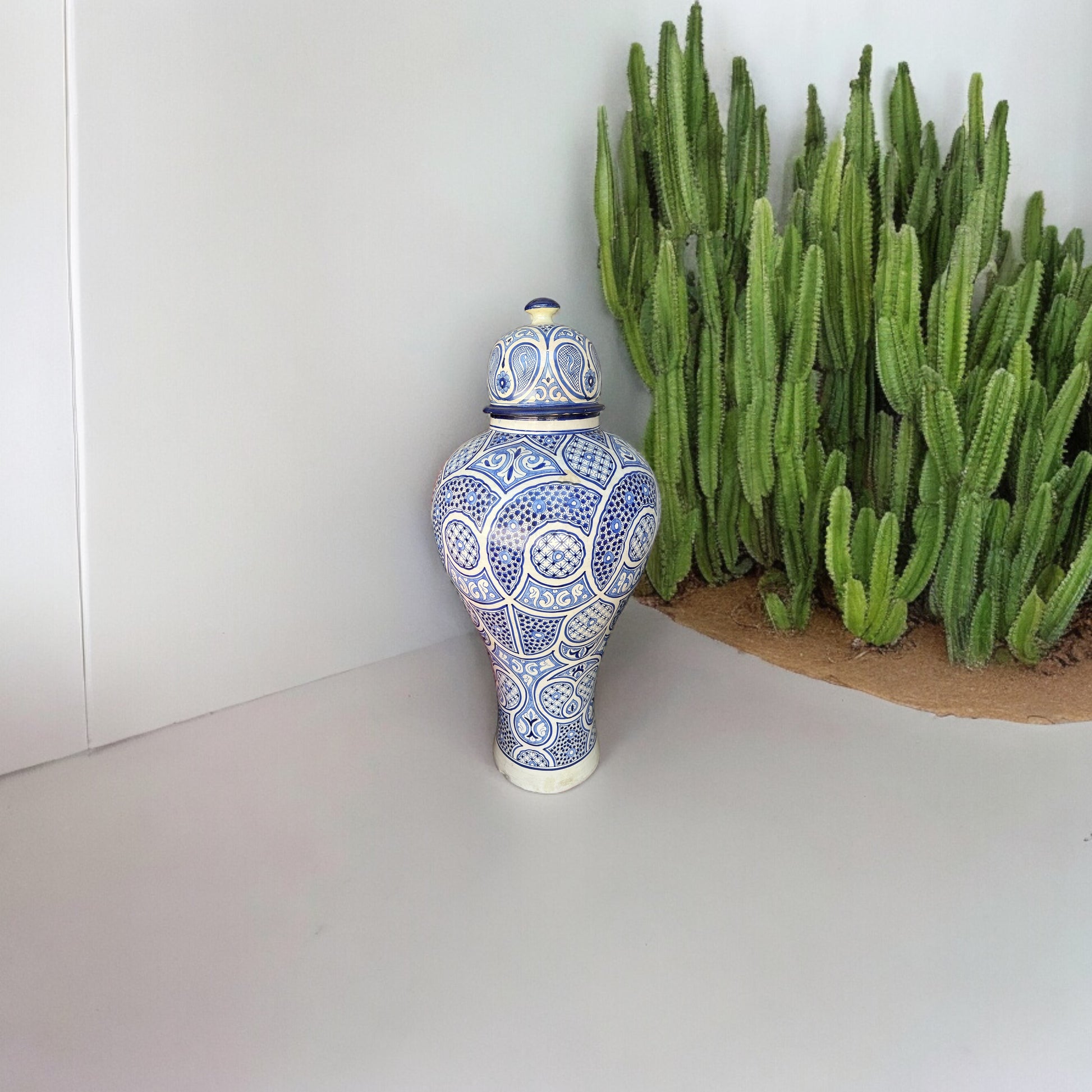 Blue Fez antique pottery piece by Justmorocco featuring intricate traditional Moroccan design and a glazed finish.