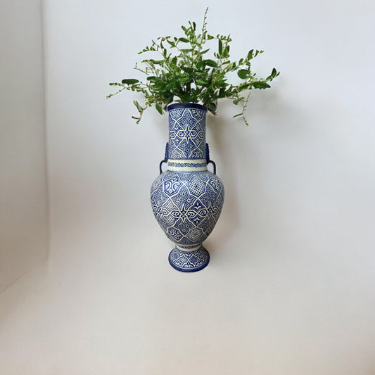 Old Fez antique pottery urn with intricate patterns, crafted by Justmorocco, showcasing traditional Moroccan ceramic art.