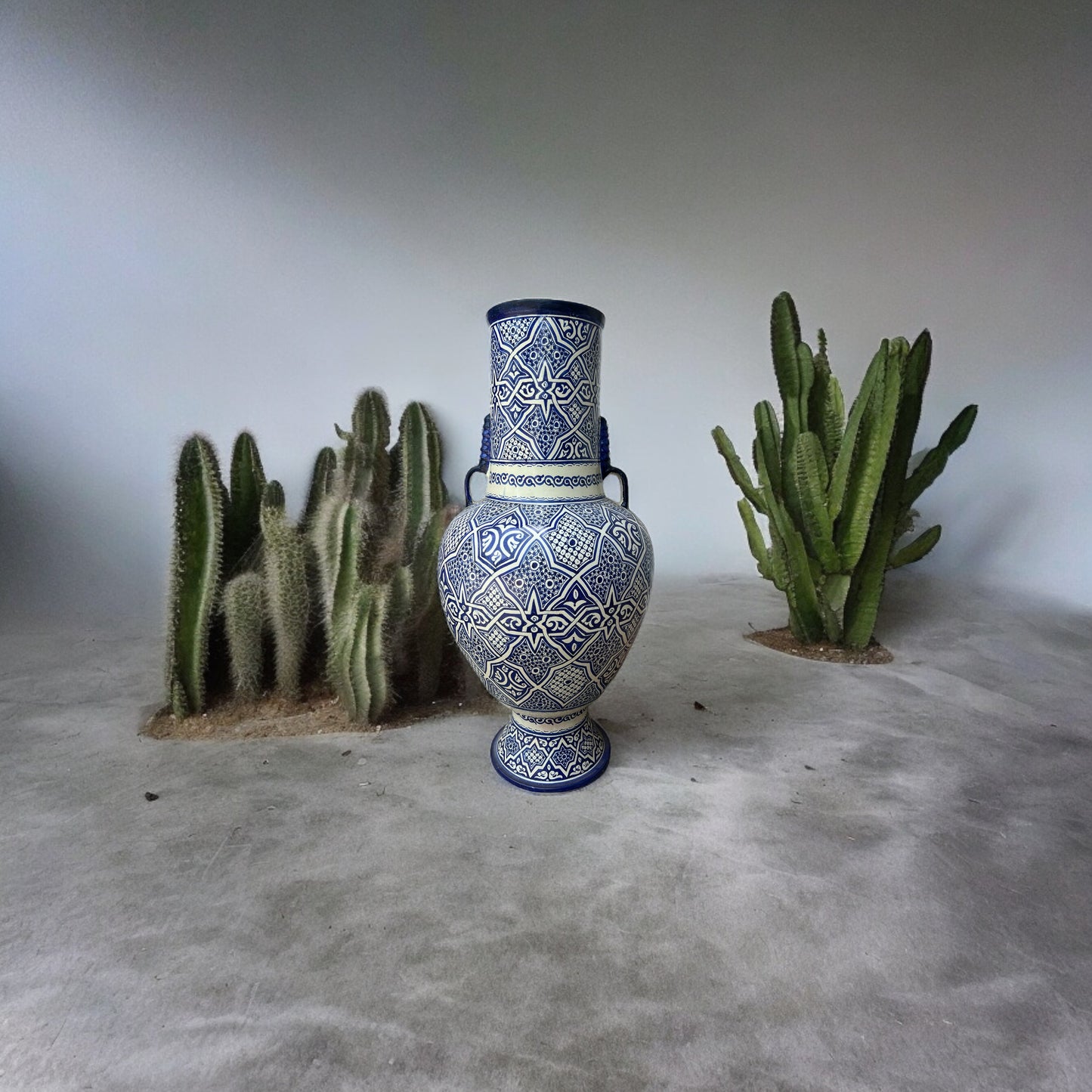 Old Fez antique pottery urn by Justmorocco with intricate geometric patterns and a weathered, traditional design.