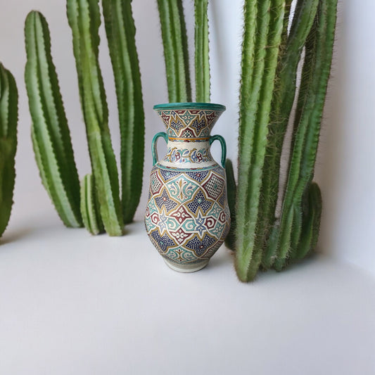 Antique Andalusia Fez urn by Justmorocco featuring traditional Moroccan pottery with intricate designs and a glazed finish.