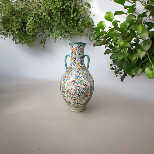 Colorful Fez pottery vase by Justmorocco with intricate Moroccan design, glazed finish, and traditional shape.