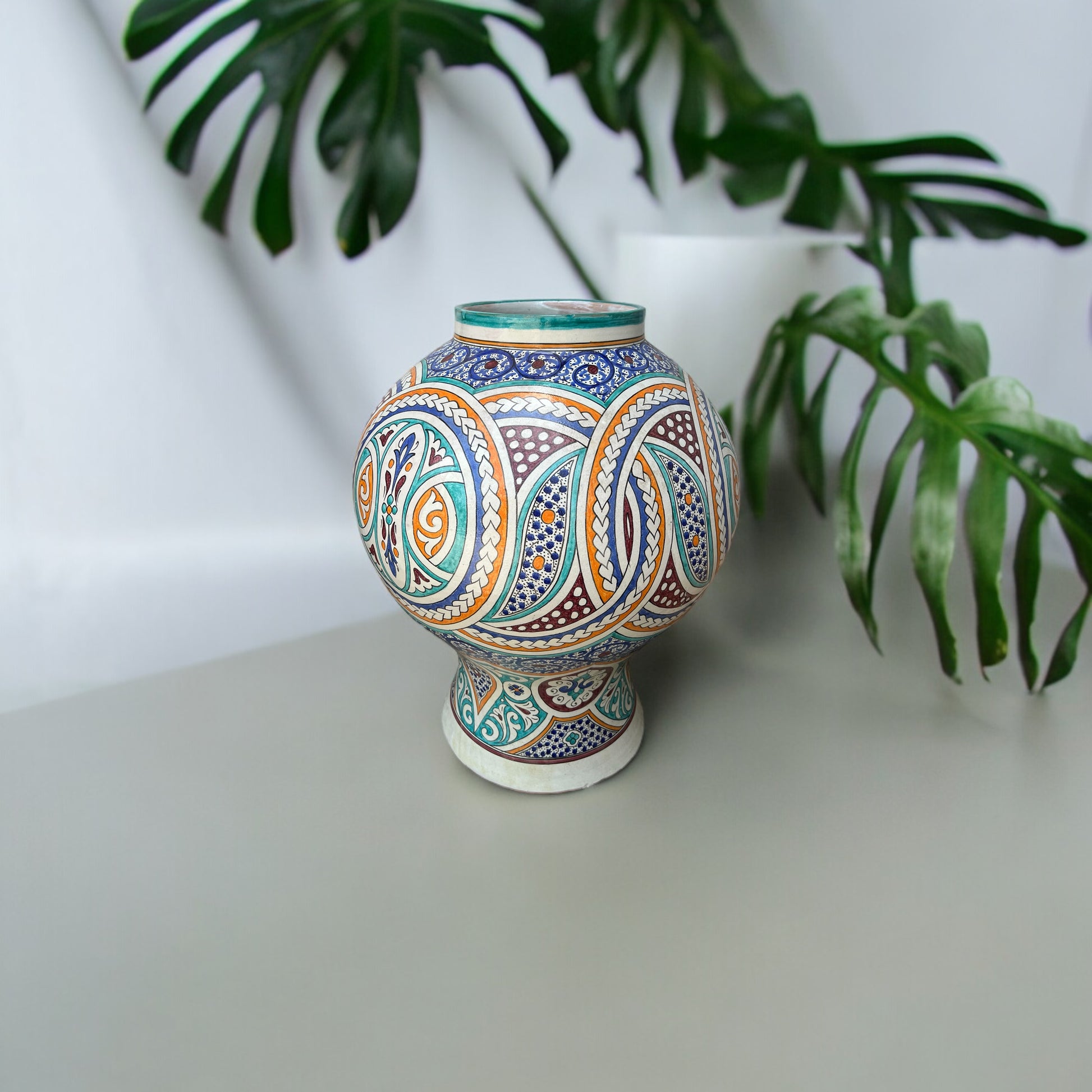 Antique Fez garden pot by Justmorocco, crafted from traditional pottery with intricate design, ideal for outdoor plant displays.