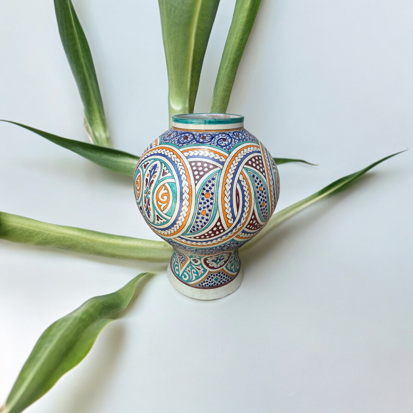 Antique Moroccan Fez garden pot by Justmorocco, handcrafted pottery with intricate design, suitable for outdoor garden decor.