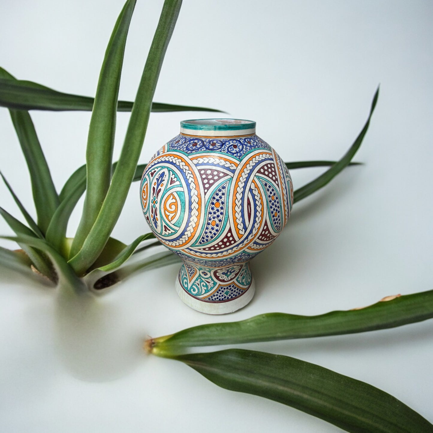 Antique Fez garden pot by Justmorocco, made of traditional pottery with intricate designs, suitable for outdoor garden decoration.