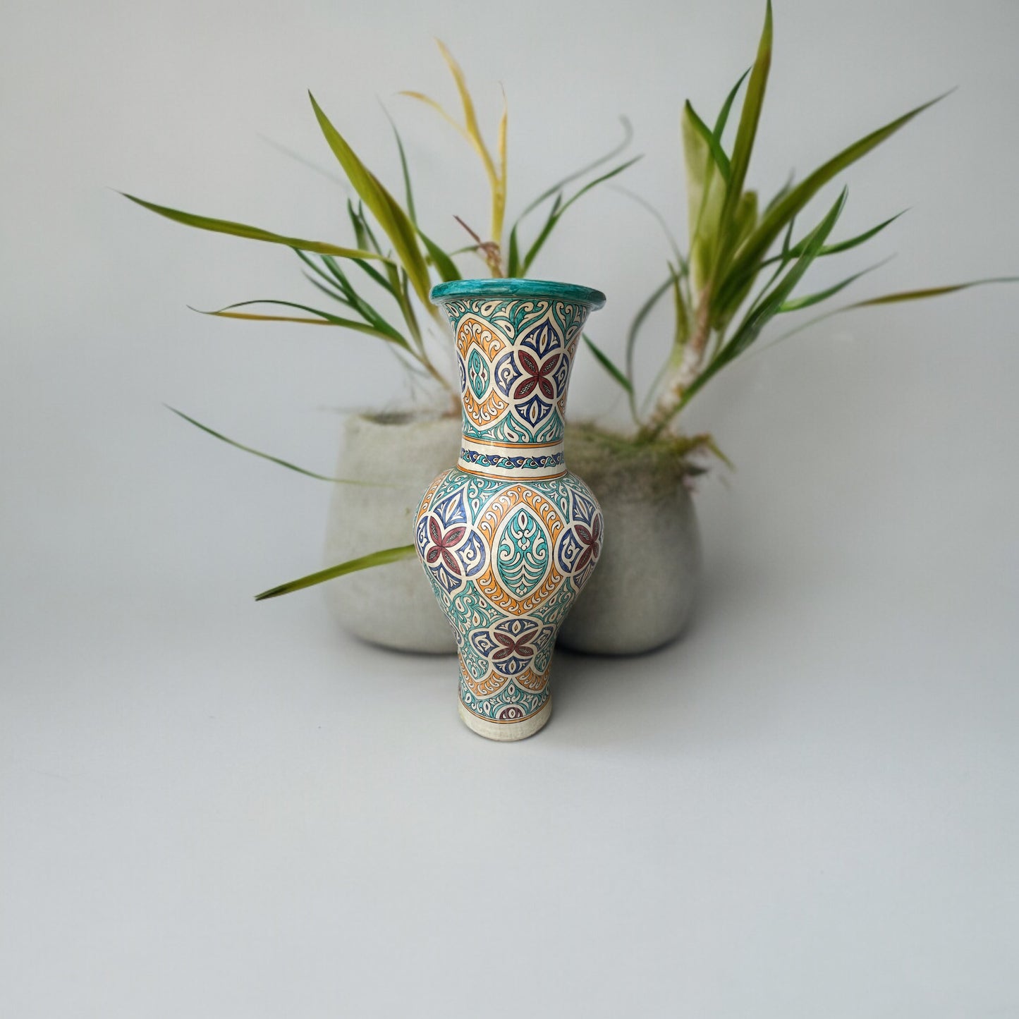 Antique Fez Moors pottery vase with intricate patterns, crafted by Justmorocco, showcasing traditional Moroccan ceramic design.