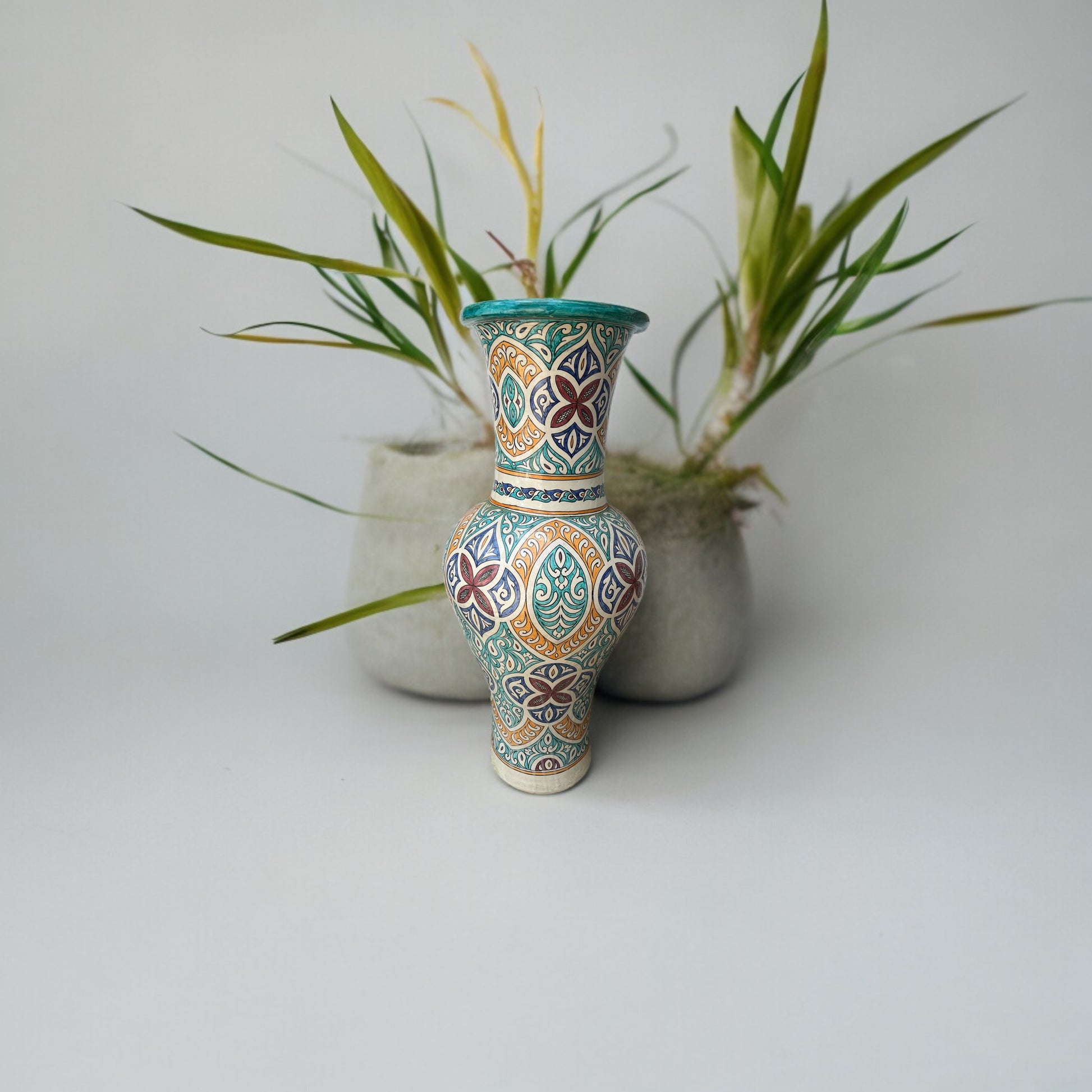 Antique Fez Moors pottery vase with intricate patterns, crafted by Justmorocco, showcasing traditional Moroccan ceramic design.