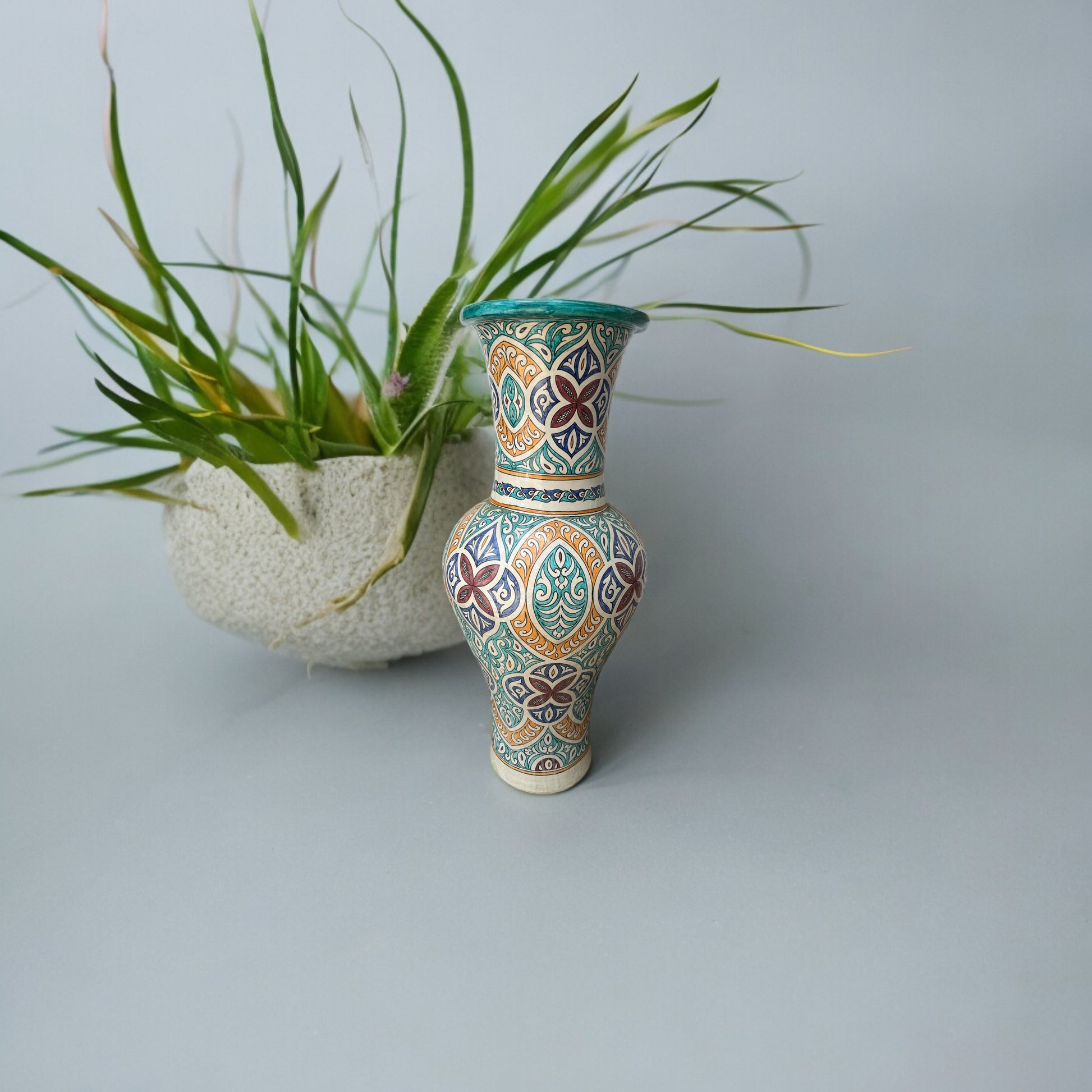 Antique Fez Moors pottery vase with intricate patterns, crafted by Justmorocco, showcasing traditional Moroccan ceramic art.