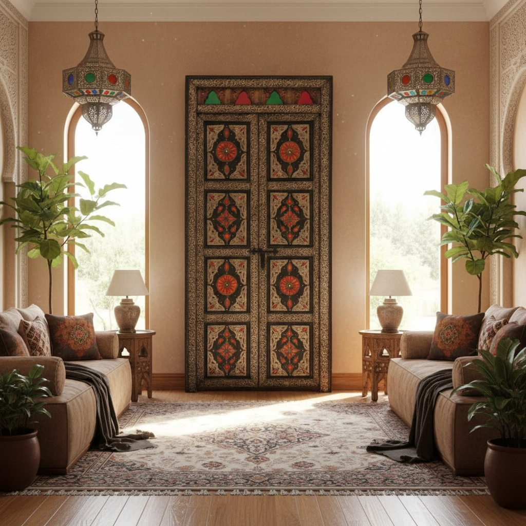 Decorative room with ornate wardrobe silver metal door, plants, and lanterns.