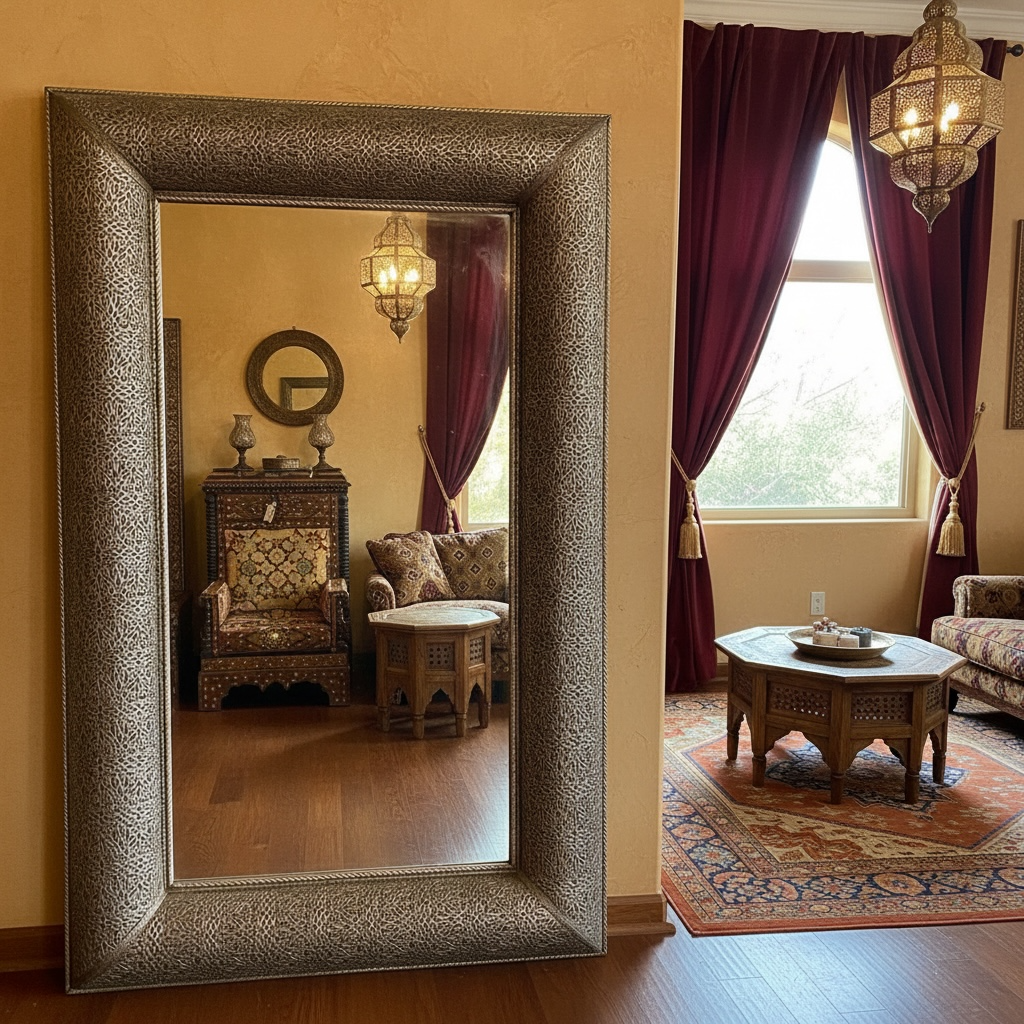 Decorative mirror with textured frame in a living room setting.