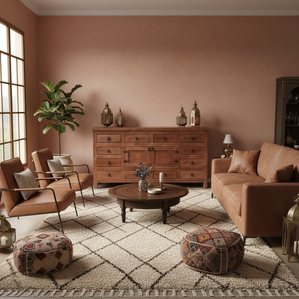 Cozy living room with brown furniture and decorative items.