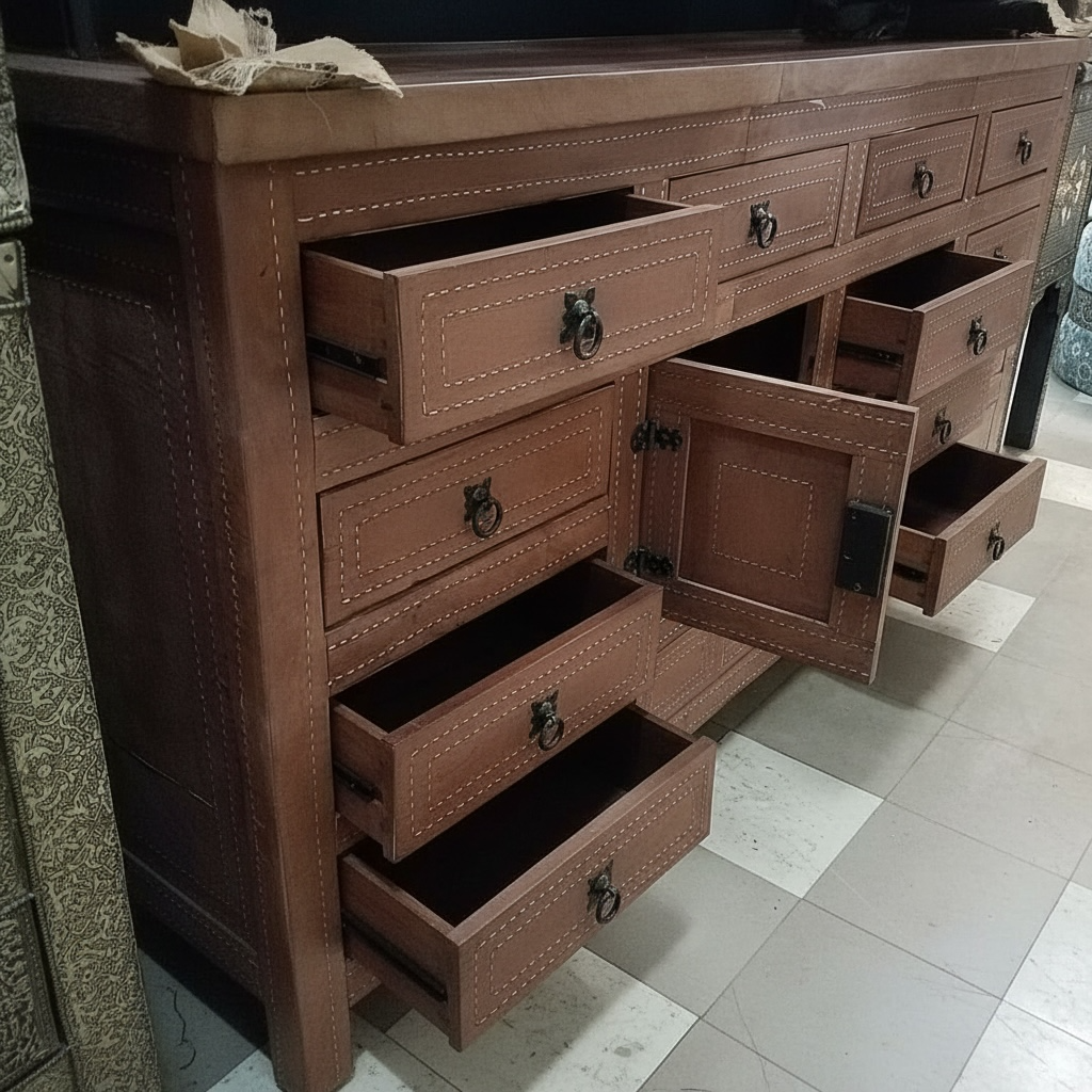 Moroccan leather dresser with multiple drawers on a tiled floor