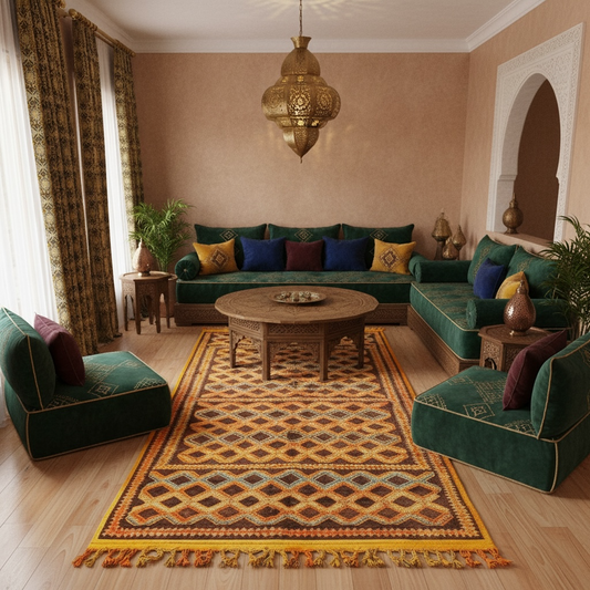Decorative Moroccan living room with green sofas, a patterned rug, and ornate lamp.