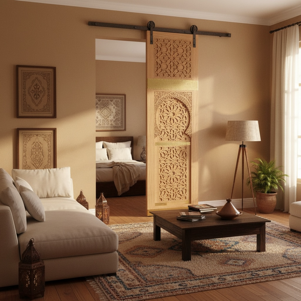 Living room with Moroccan decorative wooden sliding door, sofa, and coffee table.
