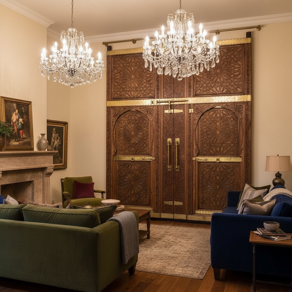 Luxurious living room with chandeliers, ornate Moroccan wooden doors, and comfortable seating.