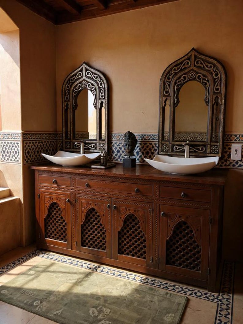 Bathroom with wooden vanity and decorative mirrors