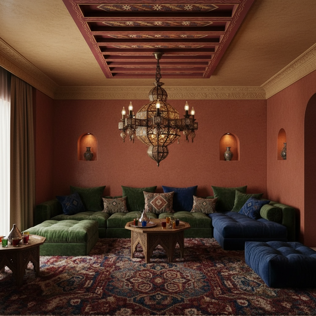 Luxurious living room ceiling panel with ornate chandelier, colorful sofa, and patterned rug.