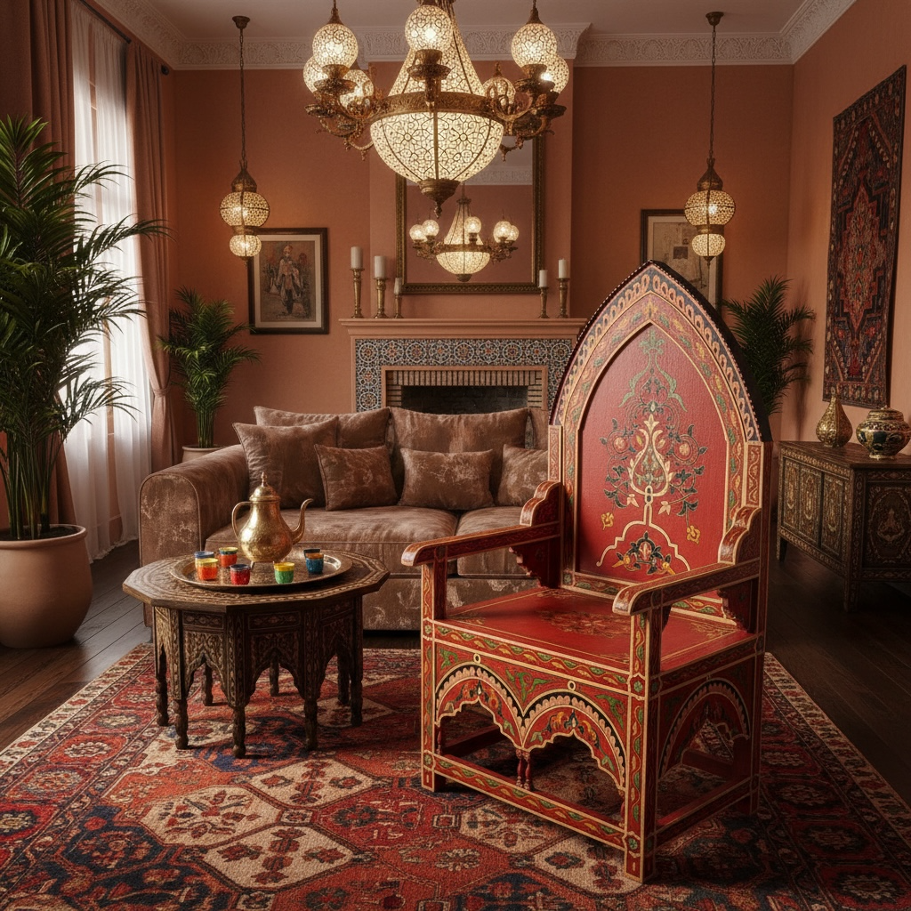 Decorative living room with ornate chair, couch, and chandelier.