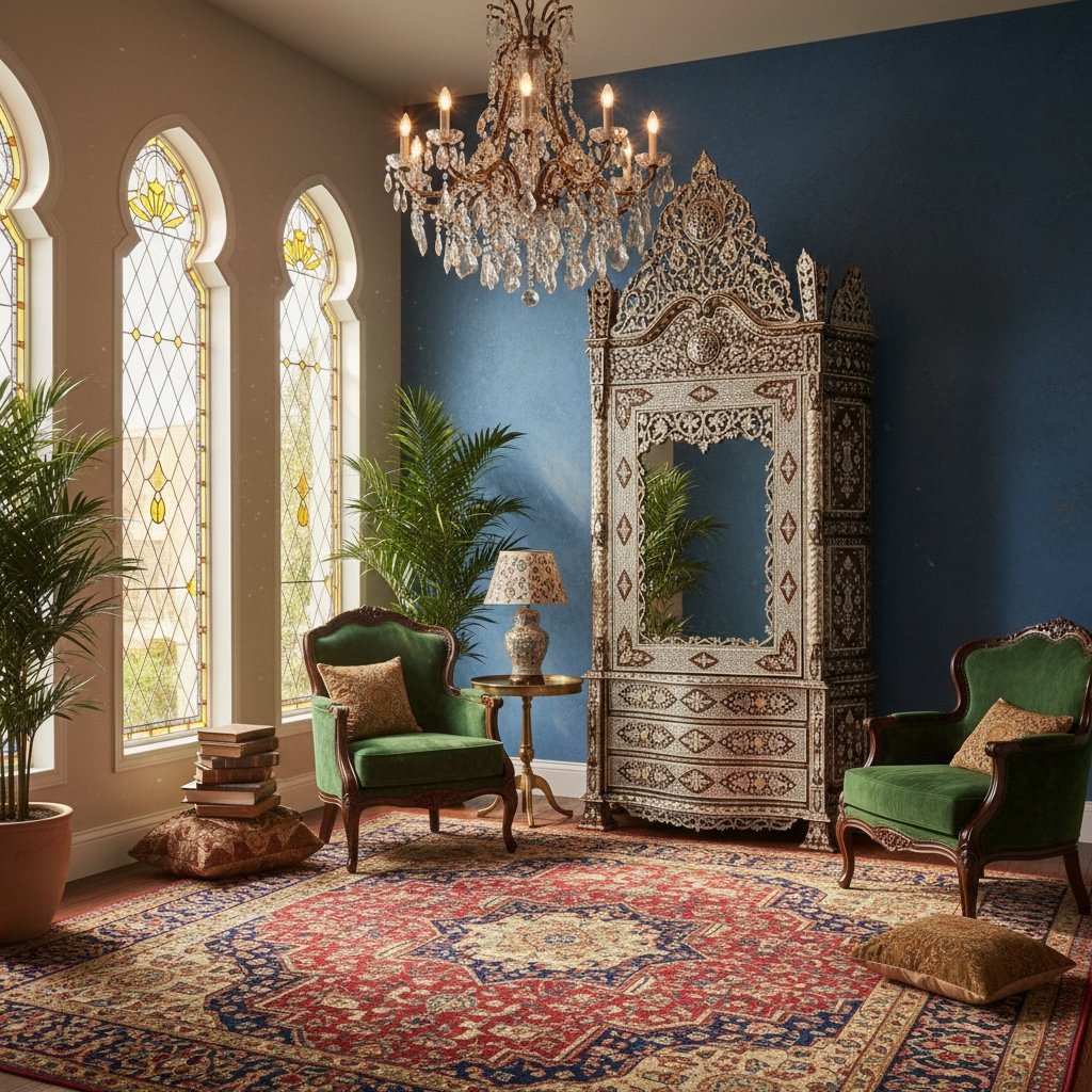 Decorative interior with ornate vintage mother of pearl armoire, green chairs, and stained glass windows.