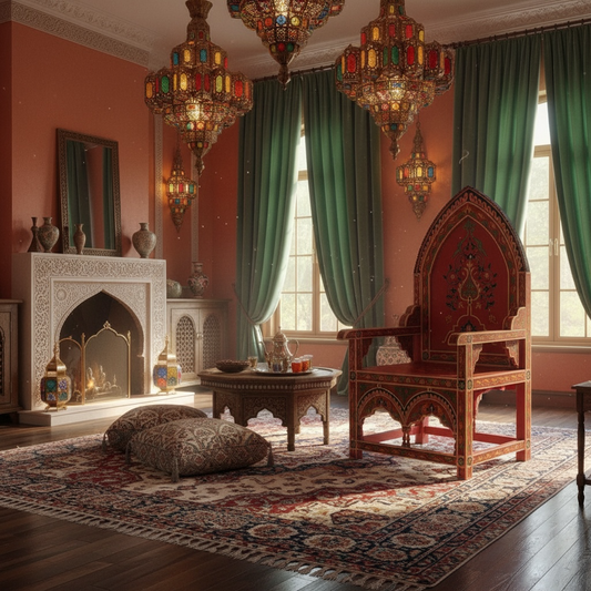 Ornate room with a red chair, colorful lanterns, and green curtains.