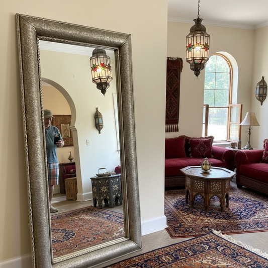 Decorative large Moroccan mirror in a living room with a red sofa and arched window.