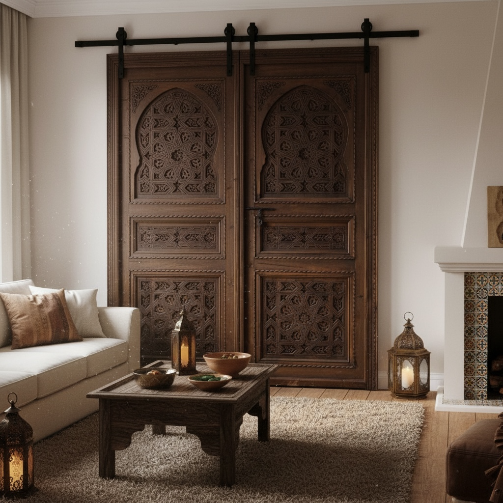 Living room with ornate wooden Moroccan sliding doors, lanterns, and a fireplace.