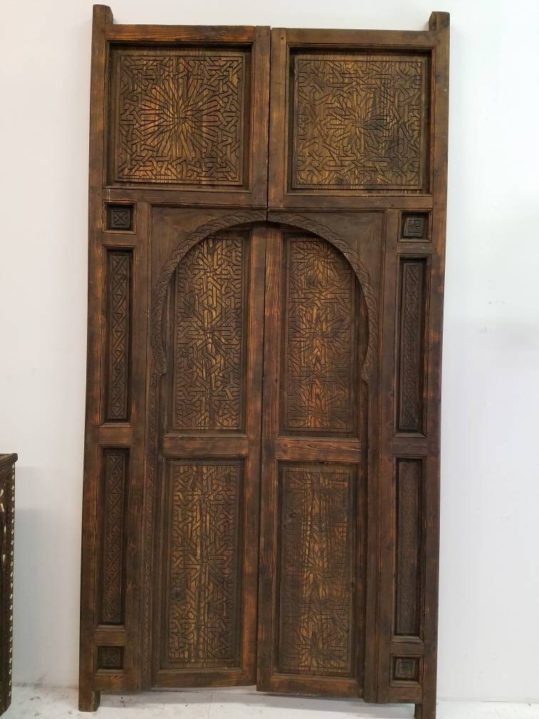 Hand Carved Moroccan Double Door Panels, Cedar Moorish Artwork (104x49)