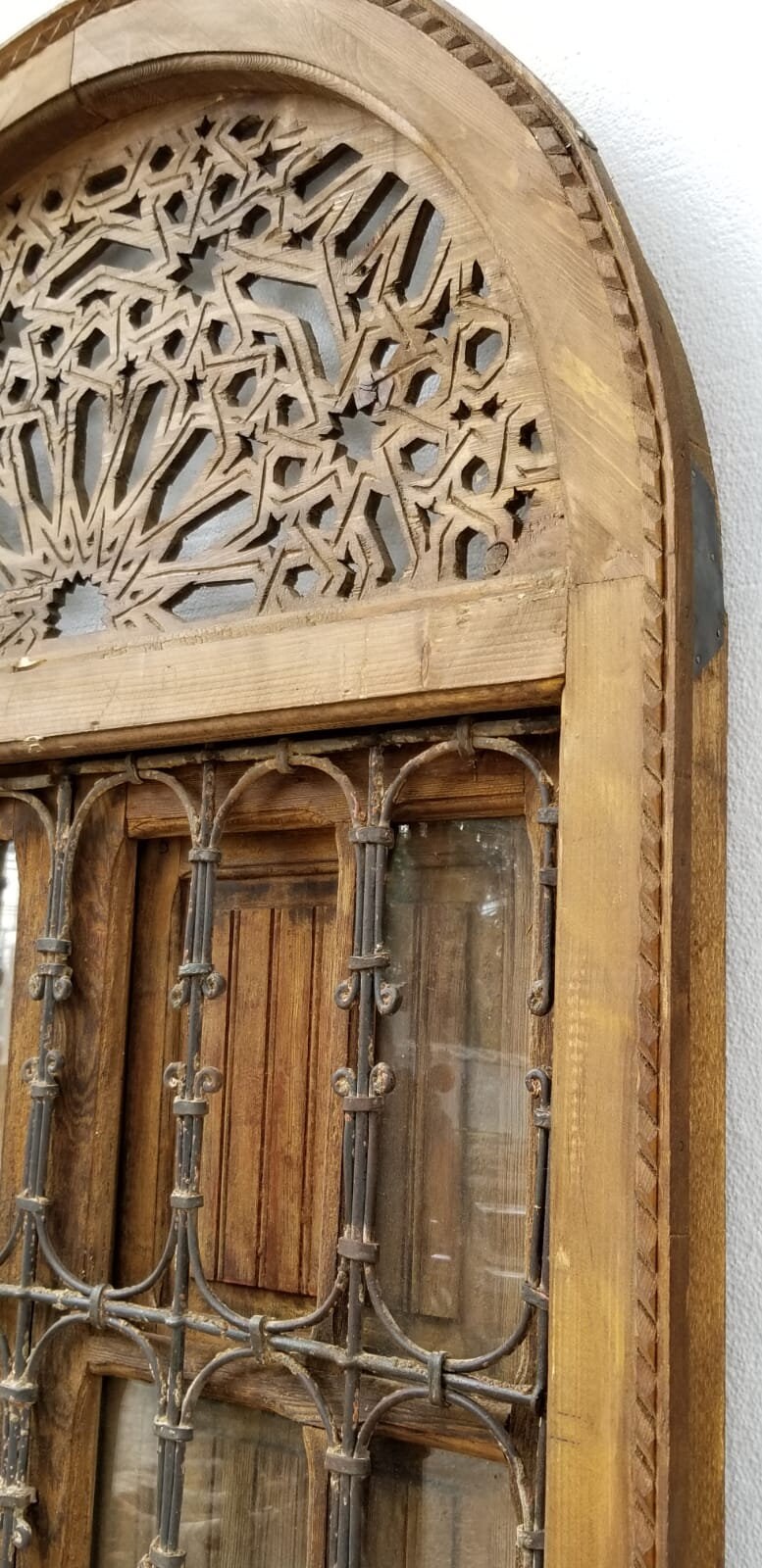 Antique Jewish Moroccan Window, Wrought Iron Filigree, Stained Glass (88x43)