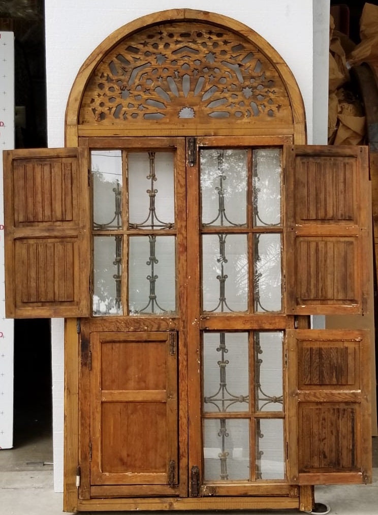 Antique Jewish Moroccan Window, Wrought Iron Filigree, Stained Glass (88x43)