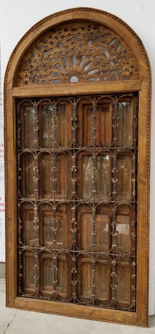 Antique Jewish Moroccan Window, Wrought Iron Filigree, Stained Glass (88x43)