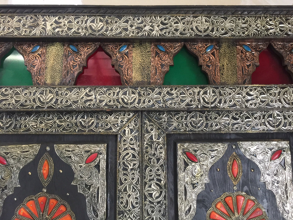 Handmade Camel Bone Inlaid Door: Vintage Middle Eastern Cedar & Silver Metal