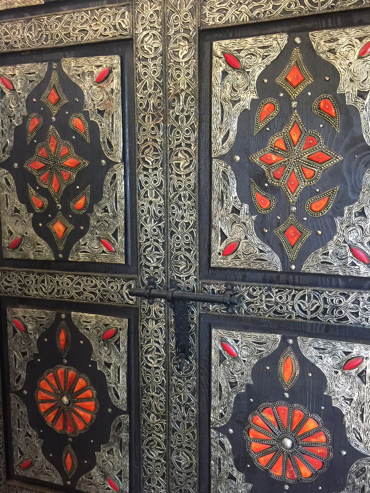 Handmade Camel Bone Inlaid Door: Vintage Middle Eastern Cedar & Silver Metal