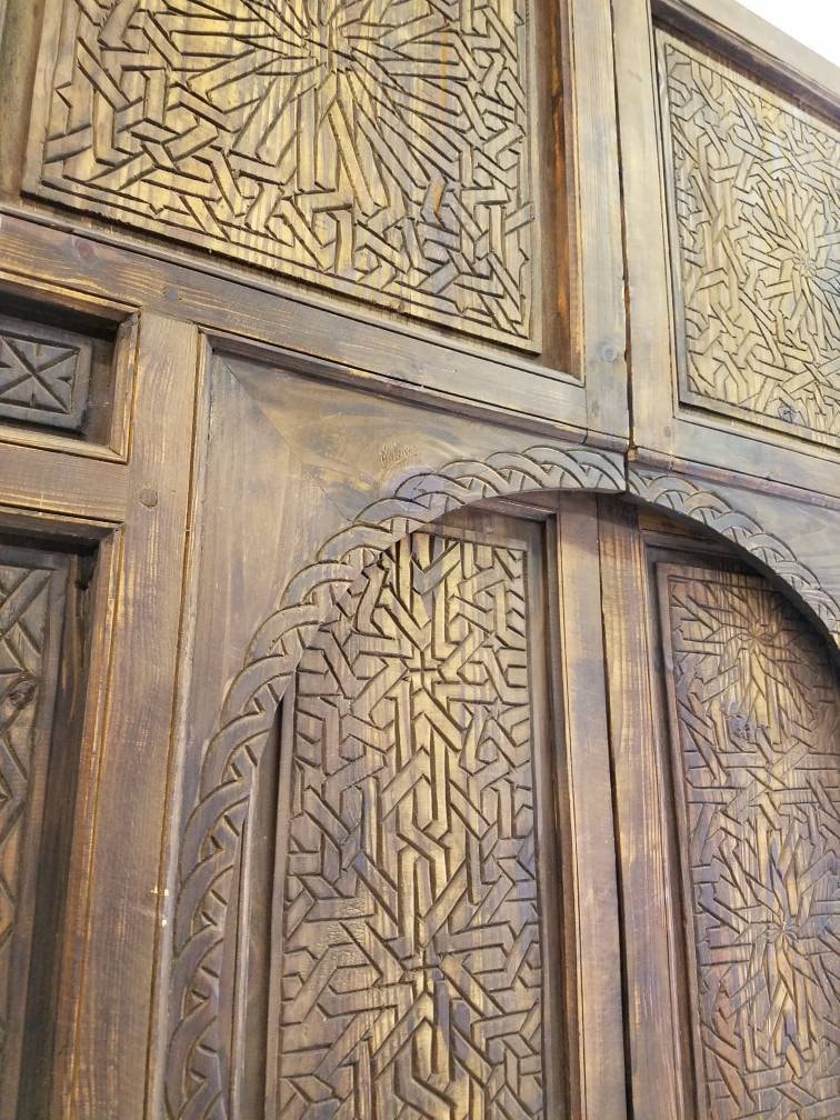 Hand Carved Moroccan Double Door Panels, Cedar Moorish Artwork (104x49)