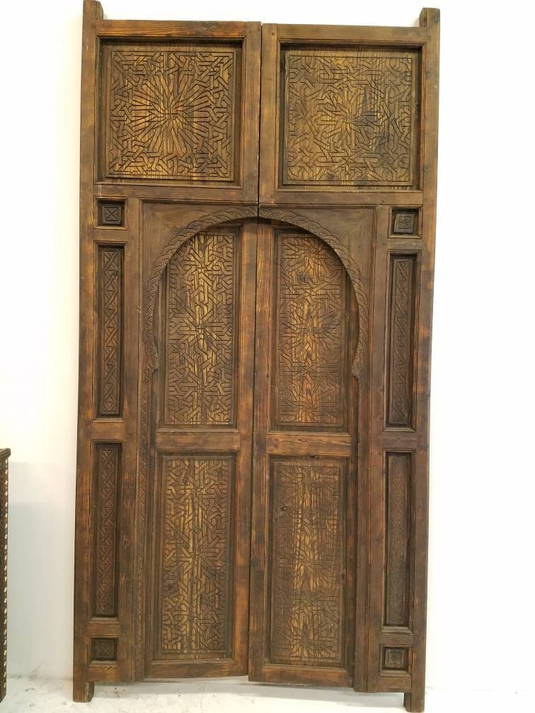 Hand Carved Moroccan Double Door Panels, Cedar Moorish Artwork (104x49)