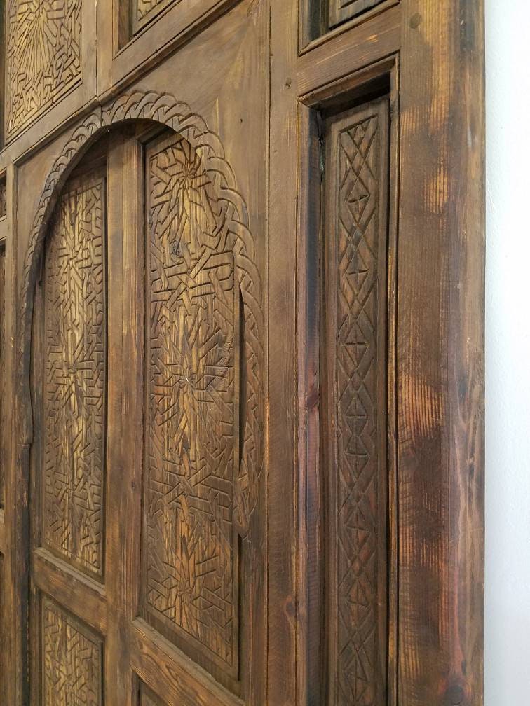 Hand Carved Moroccan Double Door Panels, Cedar Moorish Artwork (104x49)