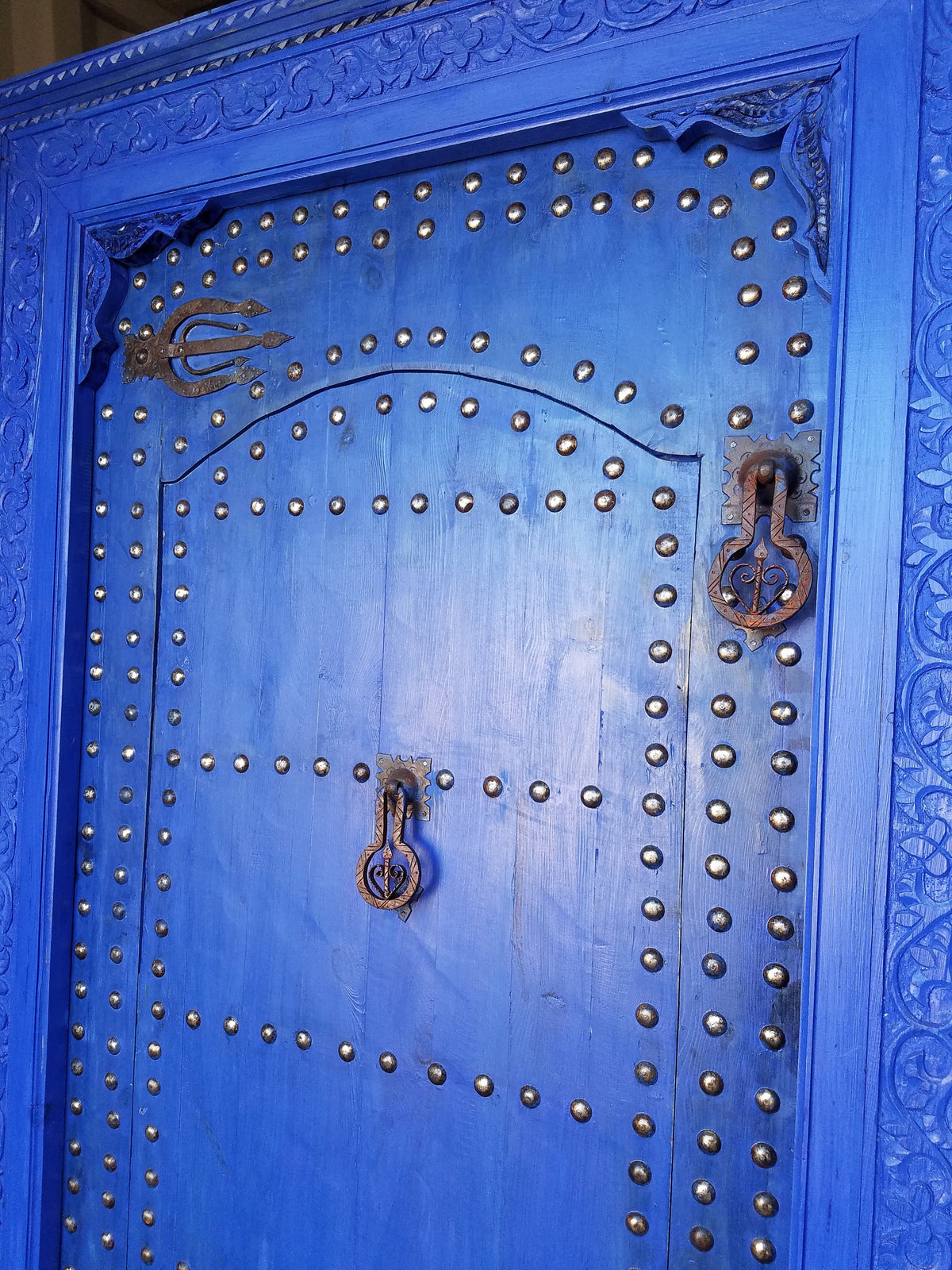 Hand Carved Moroccan Cedar Door, Blue Palace Gate (84x57)