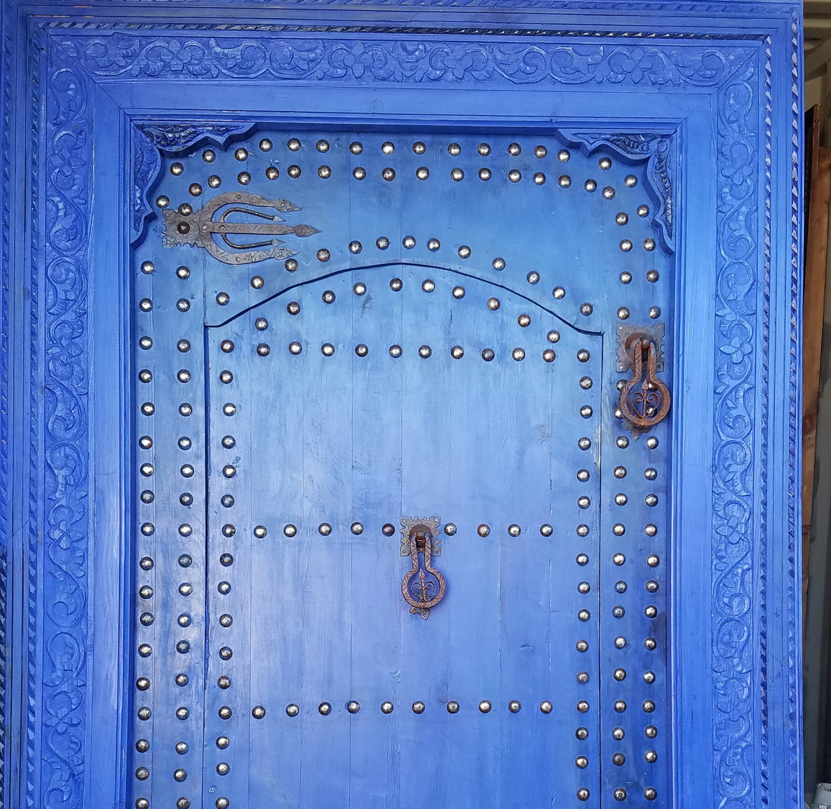 Hand Carved Moroccan Cedar Door, Blue Palace Gate (84x57)