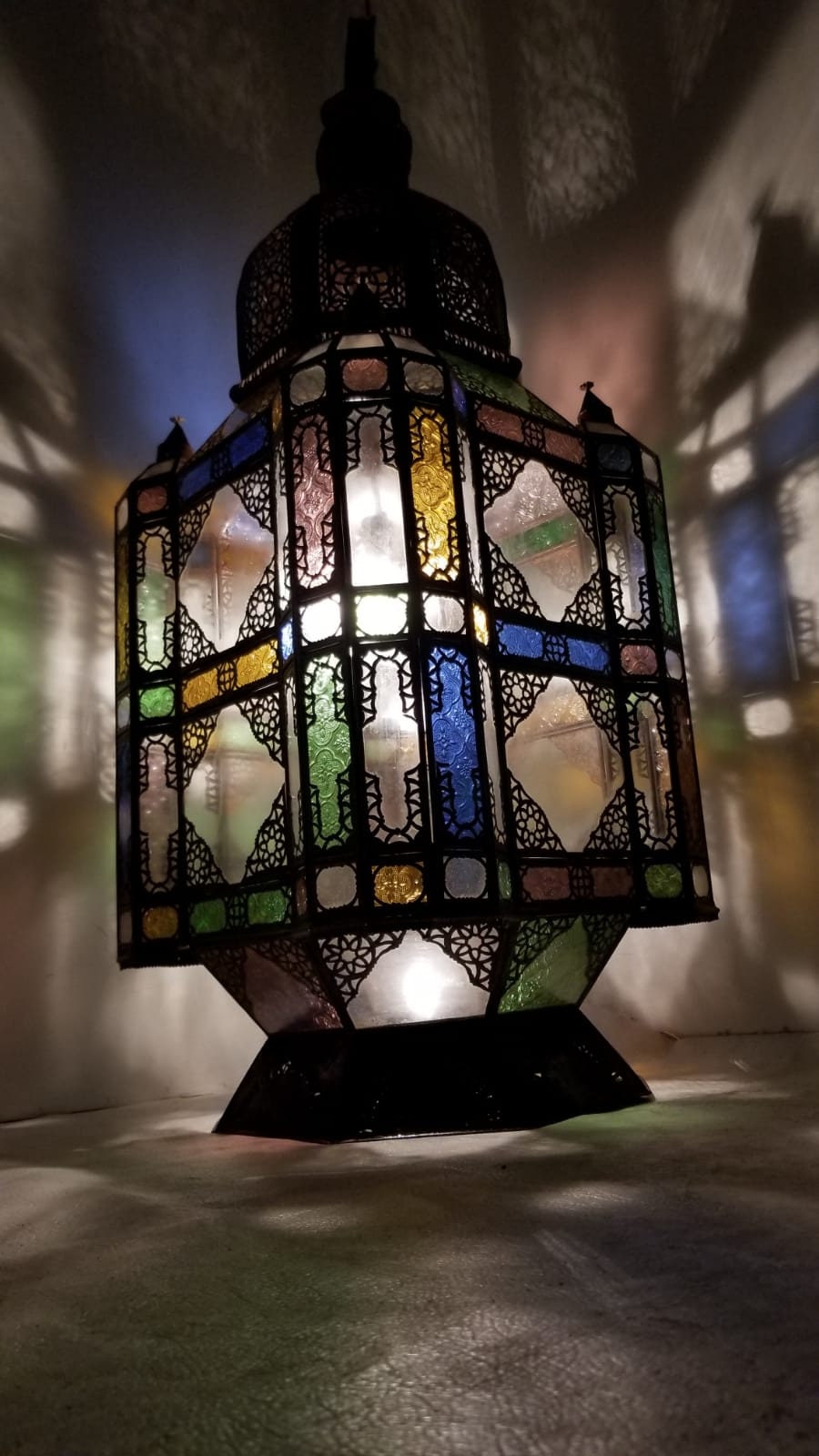 Large Vintage Moroccan Lantern, Rustic Green Stained Glass, Handmade Metal Lighting (42x16)
