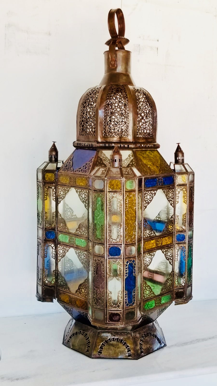 Large Vintage Moroccan Lantern, Rustic Green Stained Glass, Handmade Metal Lighting (42x16)